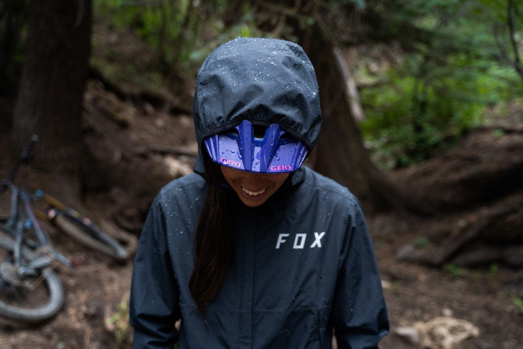 fox women's ranger rain jacket front mountain bike helmet compatible hood